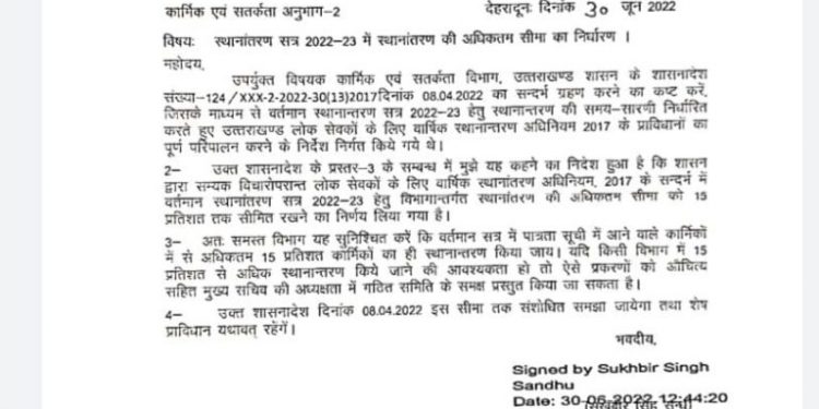 बड़ी खबर: स्थानांतरण को लेकर बड़ा आदेश हुआ जारी। देखिए आदेश