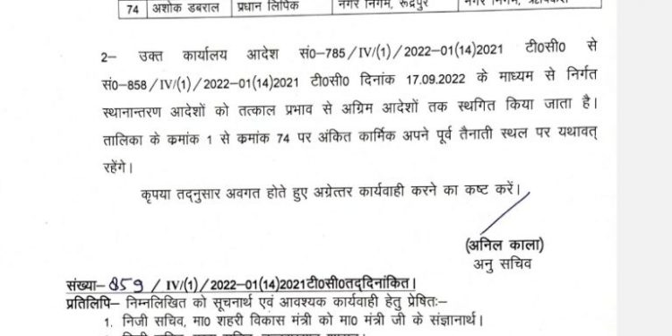 बड़ी खबर: शहरी विकास मंत्री के विभागीय ट्रांसफरों पर सीएम ने लगाई रोक