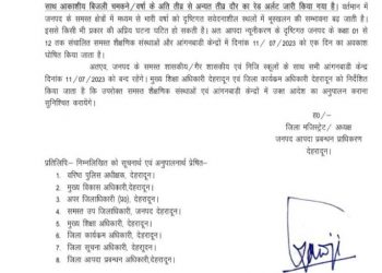 बिग ब्रेकिंग: कल भी रहेगा समस्त जनपदों के स्कूलों में अवकाश। DM ने दिए आदेश, देखें आदेश..