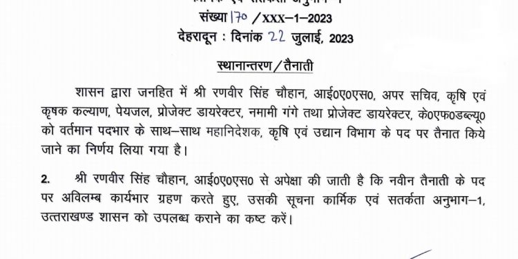 ब्रेकिंग: IAS रणवीर सिंह को महानिदेशक, कृषि एवं उद्यान विभाग की भी मिली जिम्मेदारी, देखें आदेश