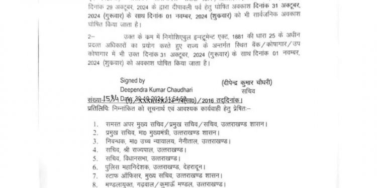 बिग ब्रेकिंग : 1 नवंबर को सार्वजनिक अवकाश घोषित, आदेश जारी