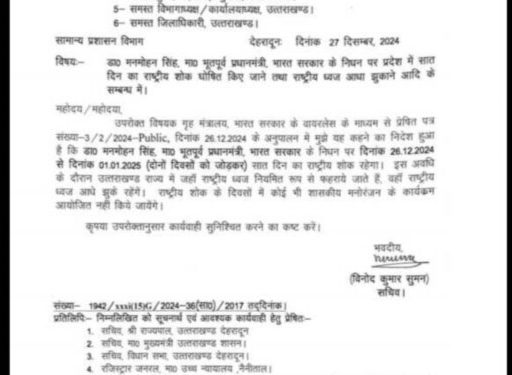 बड़ी खबर :- पूर्व पीएम के निधन पर प्रदेश में सात दिन का राष्ट्रीय शोक घोषित