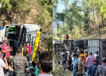 चालक की बहादुरी से टला बड़ा हादसा, ब्रेक फेल होने के बाद सड़क पर पलटी बस