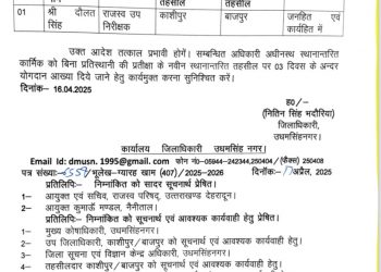 बिग ब्रेकिंग : उधमसिंहनगर जनपद में भूलेख अधिष्ठान के कार्मिकों का स्थानांतरण, जनहित में लिया गया निर्णय