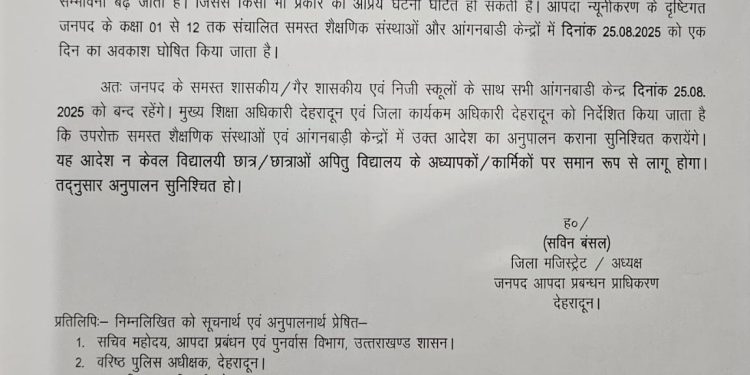 देहरादून में भारी बारिश का अलर्ट: आज सभी स्कूल रहेंगे बंद 