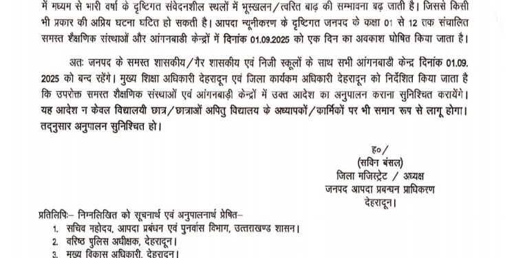 बिग ब्रेकिंग:  भारी बारिश के चलते देहरादून में कल सभी स्कूल रहेंगे बंद 