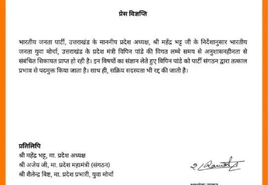 भाजपा ने दिखाई सख्ती: युवा मोर्चा के प्रदेश मंत्री विपिन पांडे पर गिरी गाज